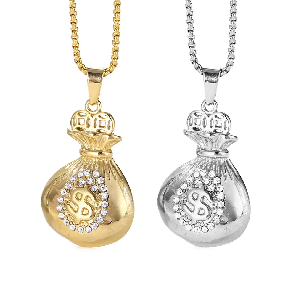 Men's Punk Hips Hops Pendant Stainless Steel 18k Gold Plated Us Dollar Sign Money Bag Necklace Iced Out Cz Dollar Purse Pendant