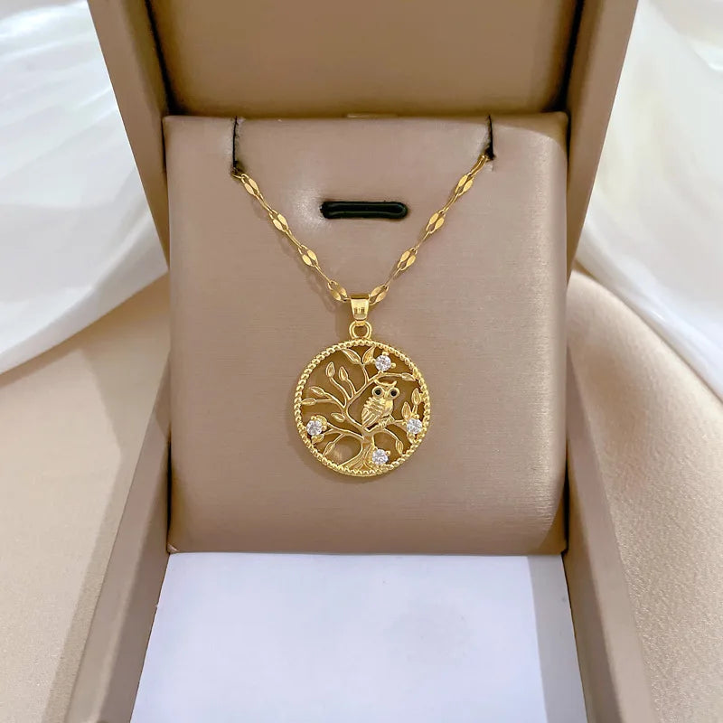 Tarnish Free Gold Plated No Fade Necklace for Women Tree Owl Zircon Geometric Stainless Steel Clavicle Chain Necklace