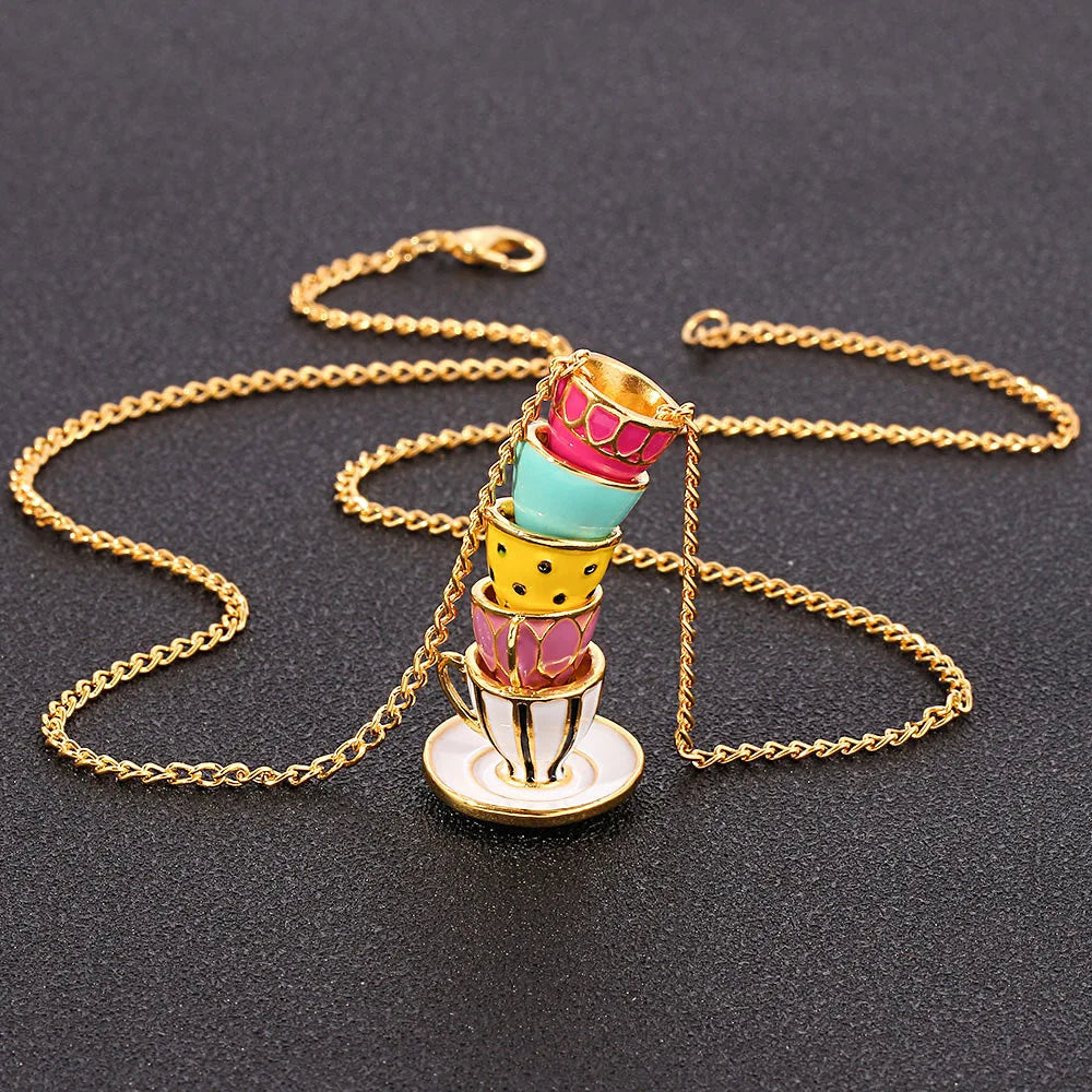 Fashion Handmade Stereoscopic Tea Cup Enamel Necklace Women Creative Pendant Sweater Chain Jewelry Clothing Accessories