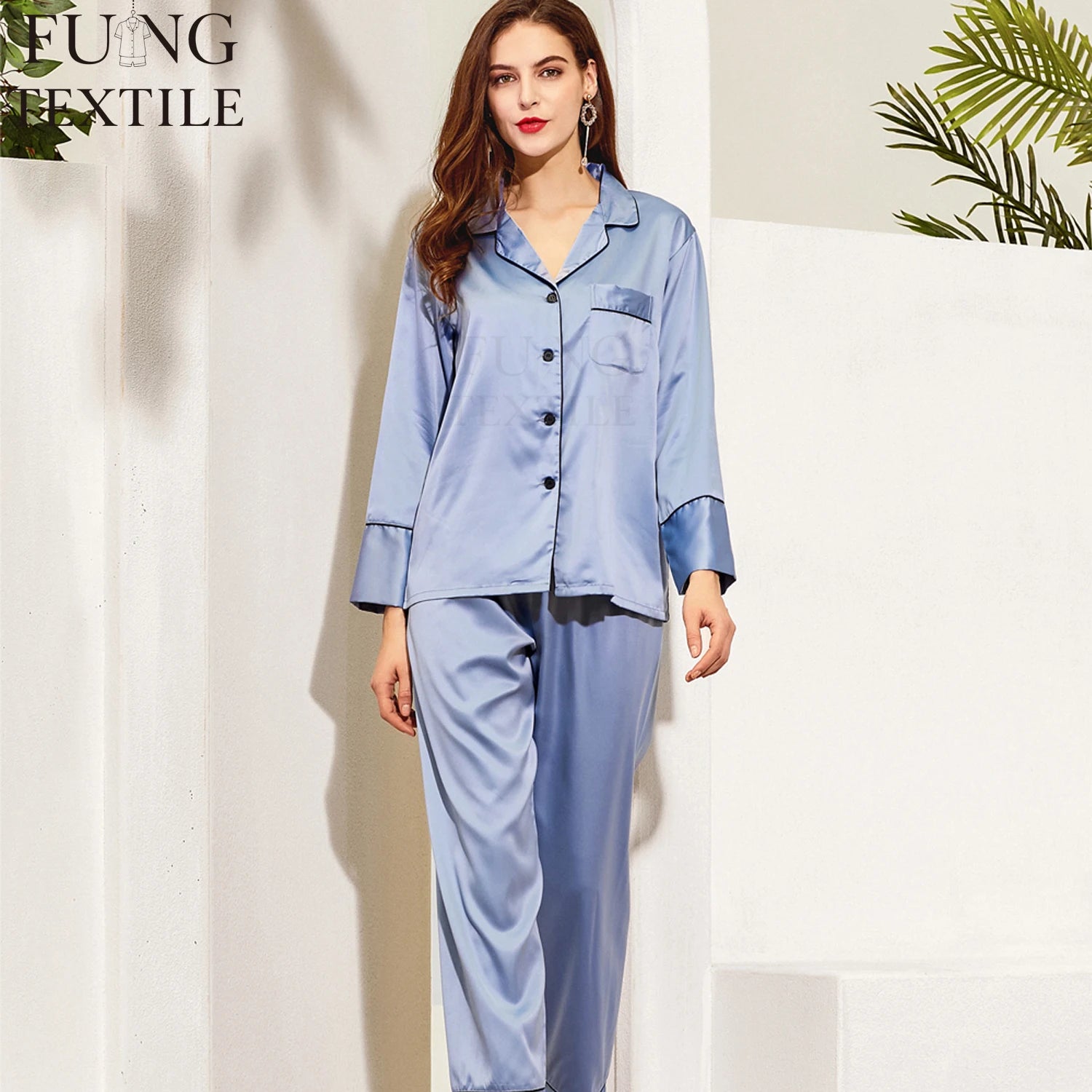 Fung 6001 Custom Spandex Polyester Long Sleeve Pyjamas Set Women's Sleepwear Homewear Simple Solid 3XL Bridesmaid Pajamas Set