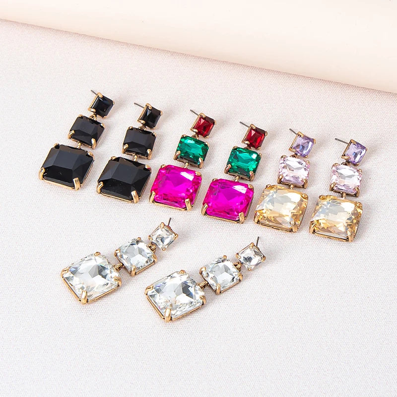 Fashion 18k Gold Plated Geometric Earring Jewelry Women Rhinestone Crystal Square Dangle Earrings