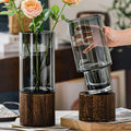 Custom Logo Wholesale Modern Unique Design Wooden Base Table Flower Glass Vase Home Decor