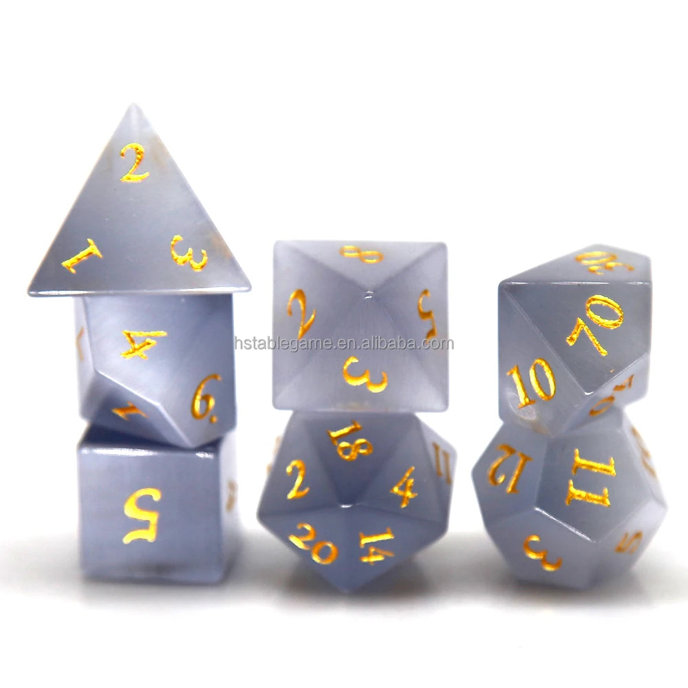 HS 16mm Polyhedral D20 Cats Eye Stone Dice Set Gray Green Purple Gems for Dungeons & Dragons RPG Packed in Metal Box