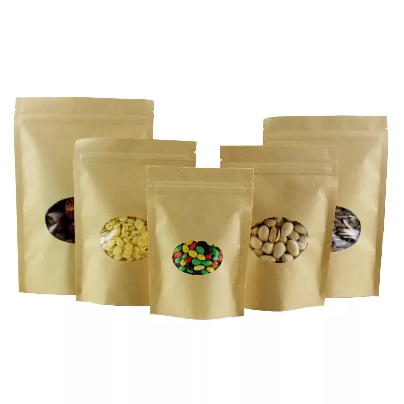 Multiple Sizes Wholesale Zip Lock Kraft Paper Stand up Pouches With Oval Window Tea Coffee Packaging Bag