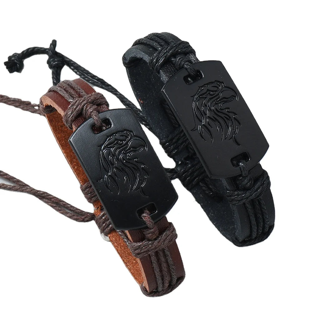 New Arrival Punk Style Men's Bracelet Eagle Handmade Woven Black Leather Beaded Woven Bracelets Vintage Style Made Zinc Alloy