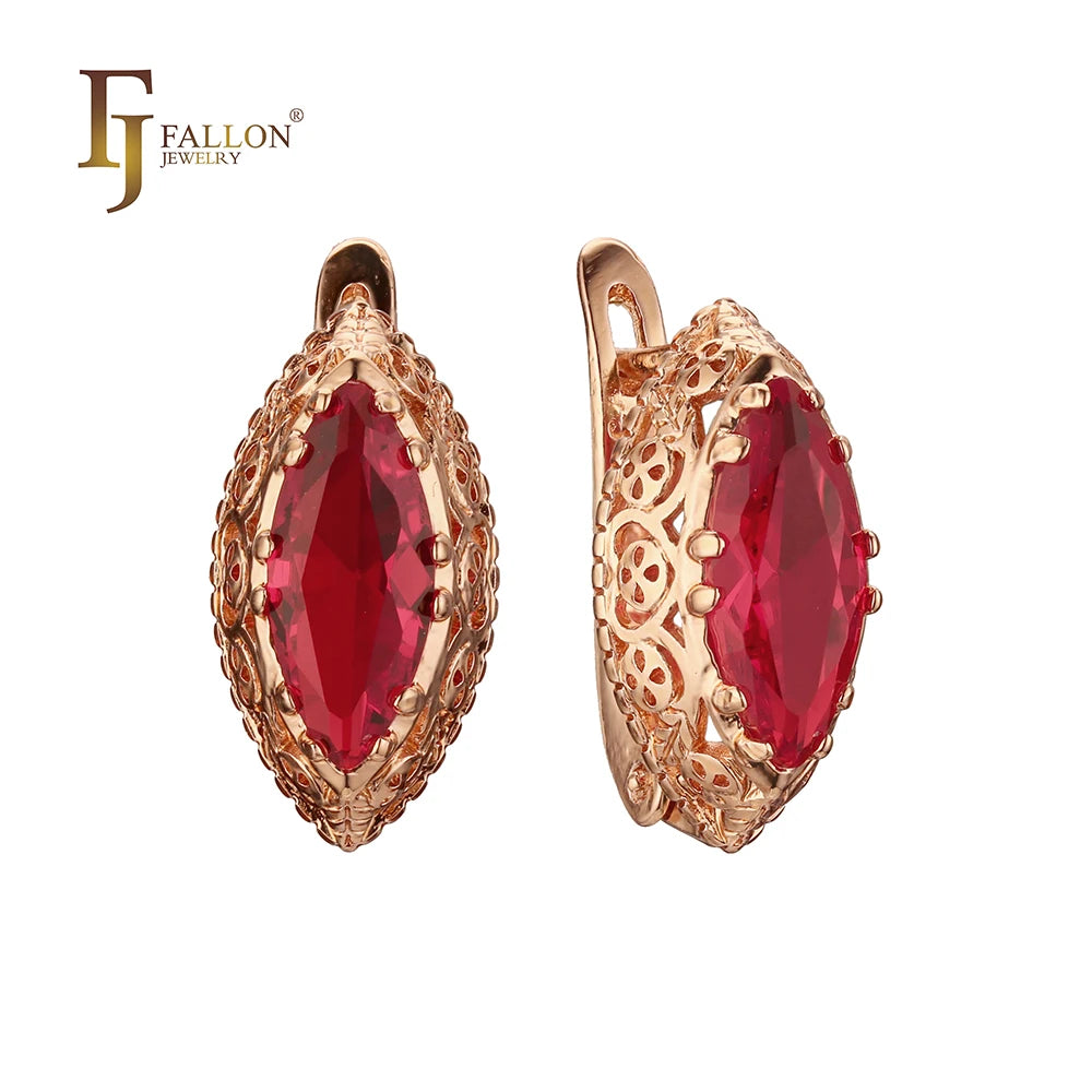 FJ Fallon Fashion Jewelry Oval Horse Eye Marquise Shape Deep Blue CZ Rose Gold Earrings for Women Brass Based