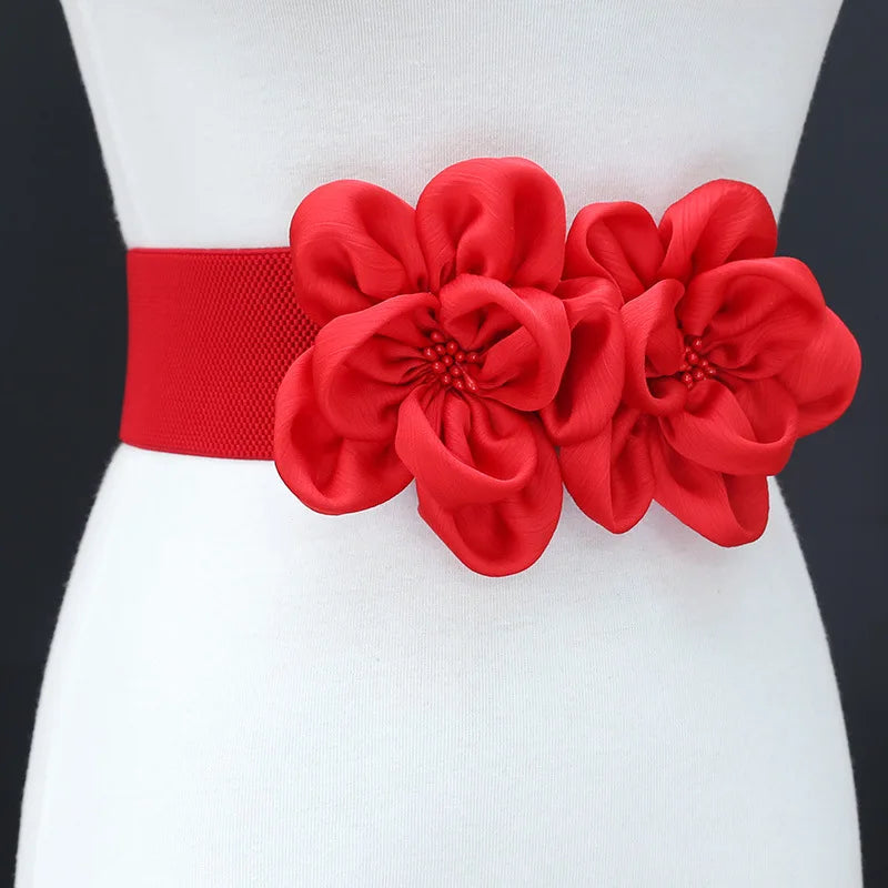 Women's Chiffon Flower Decorative Belt Elastic Wild Belt Buckle Stretch Waist Dress Belt Wholesale