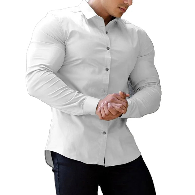 RNSHANGER Spring Men Business Shirts Casual No Ironing Long Sleeve Social Dress Shirt Office Men Fitness Sports Dress Shirts