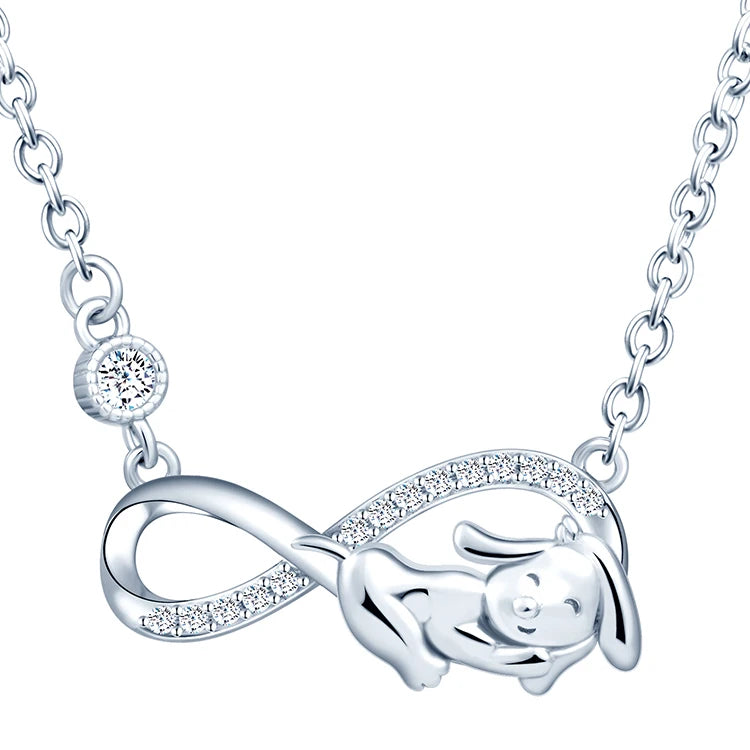 Lovely Puppy Diamond Setting Infinity Symbol Combination 925 Sterling Silver Necklace