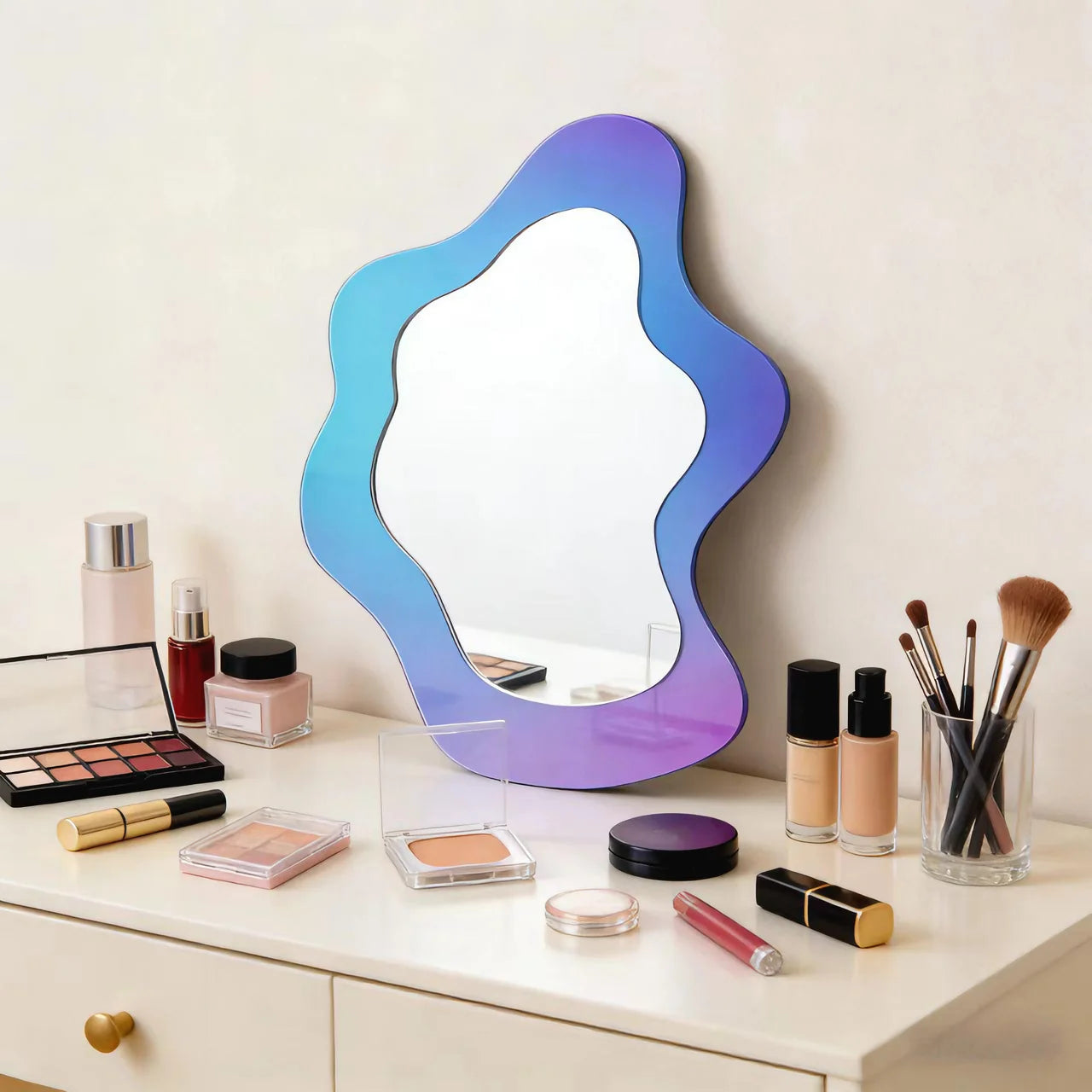 Irregular Aesthetic Vanity Mirror Wavy Retro Rainbow Frameless Acrylic for Bathroom Entryway for Decoration