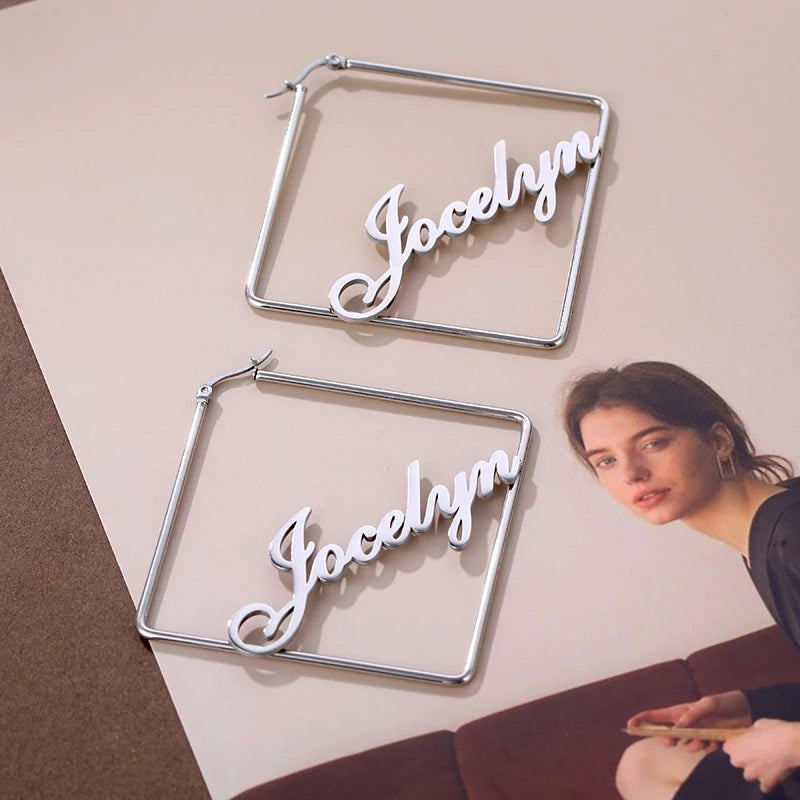 Customized Name Earrings Personalized Simple and Elegant Square Geometric Stainless Steel Earrings Birthday Gift for Mother