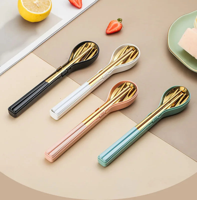 18/10 Stainless Steel Portable Cutlery Set Outdoor Travel Fork Spoon Chopsticks Cutlery 3Pcs Set with Storage Box
