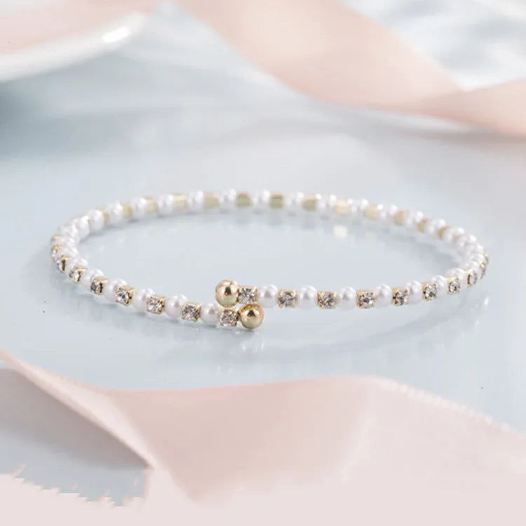 Factory Wholesale 14K Gold Plated Inlaid Zircon Adjustable Pearl Open Bangles Women's Round Trendy