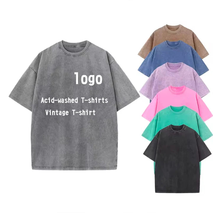 Wholesale 100% Cotton 230gsm Vintage Short-sleeved T-shirts Customizable logo Printed T-shirt Oversized Men's Acid Wash T Shirt