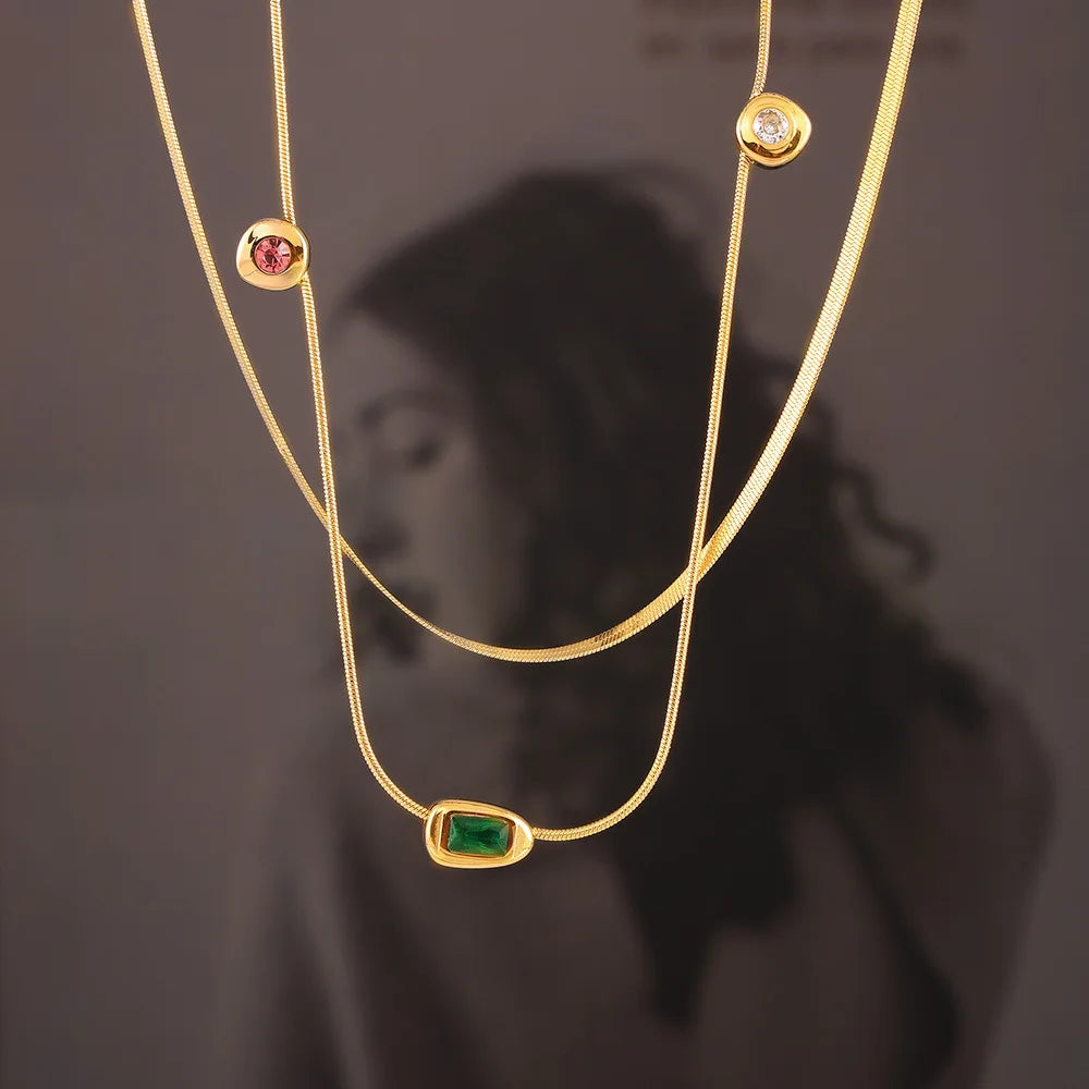 Vintage Multicolored Glass Stone Pendant Necklace Light Luxury Stainless Steel 18k Gold Plated Choker Necklace for Jewelry Gifts