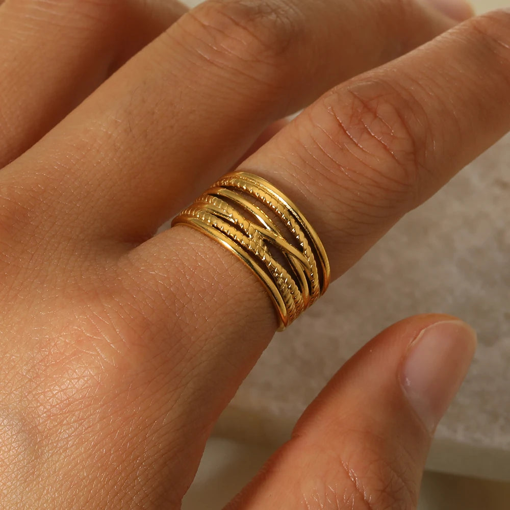 Wholesale Stainless Steel 18K C Shape Open Ring Multi-Layer Cross No Fade Ring for Girl Women Water Proof