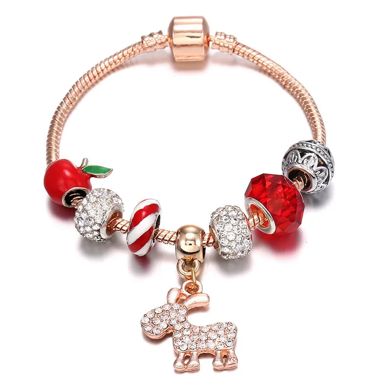 Wholesale Rose Gold Christmas Charm Bracelet Elk Snowflake Pendant Beaded Bling Diamond Bangles Jewelry Accessories As Gift