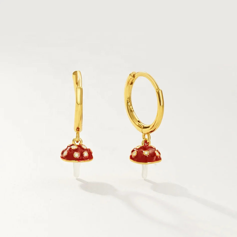 Nagosa Vintage Jewelry 18k Gold Vermeil 925 Sterling Silver Enamel Mushroom Dangle Hoop Earrings