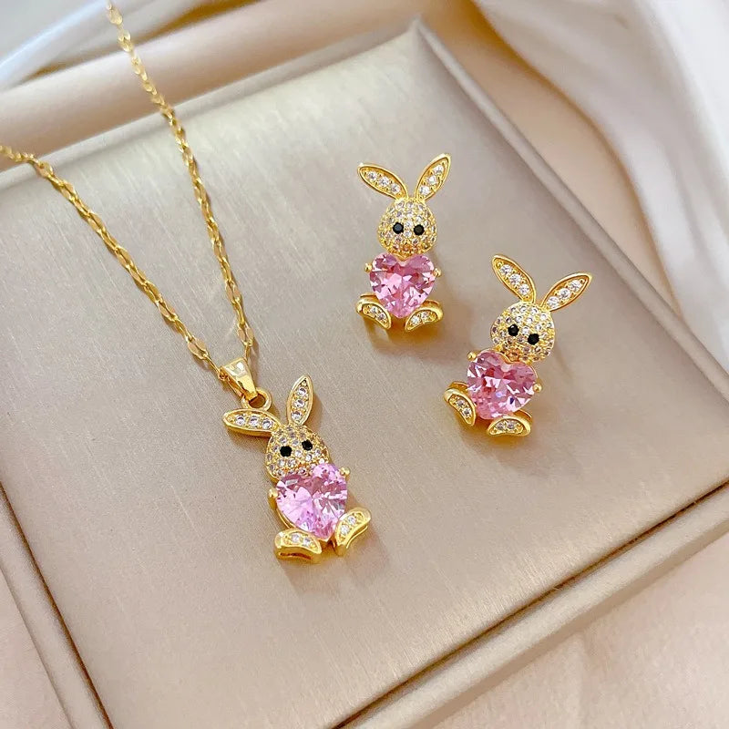 Luxury 18K Gold Plated Necklace Earrings Set Diamond Snowflake Flower Rabbits Patterns Fashionable 18K Pendant Necklaces Gift