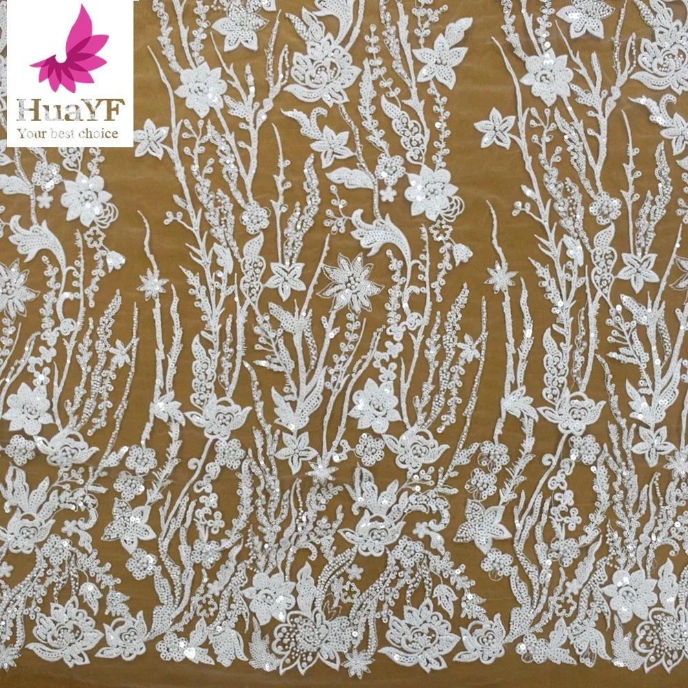 African Pure White Floral Pattern Embroidered Bridal Lace With Beaded for Wedding Party HY1603