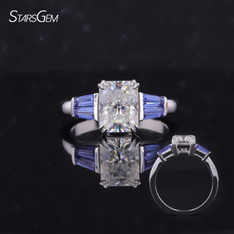 Starsgem Radiant Cutting Moissanite Jewelry With Lab Grown Sapphire Gemstone Side Stones White Gold Three Stones Style Rings