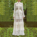Fashion Retro Style 2023 Autumn Solid Natural Woven Floor-Length Lapel Tie Design Lace Mesh Stitching Washable Long Dress Women