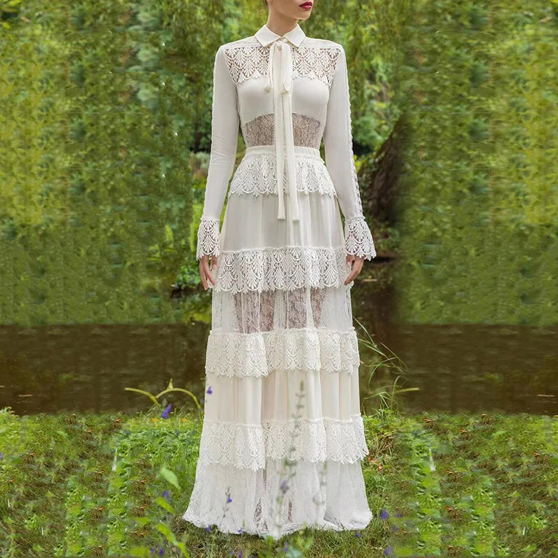 Fashion Retro Style 2023 Autumn Solid Natural Woven Floor-Length Lapel Tie Design Lace Mesh Stitching Washable Long Dress Women