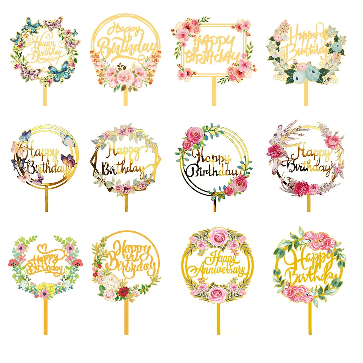 Various Birthday Party Anniversary Cake Decorations Gold Flower Acrylic Happy Birthday Cake Toppers