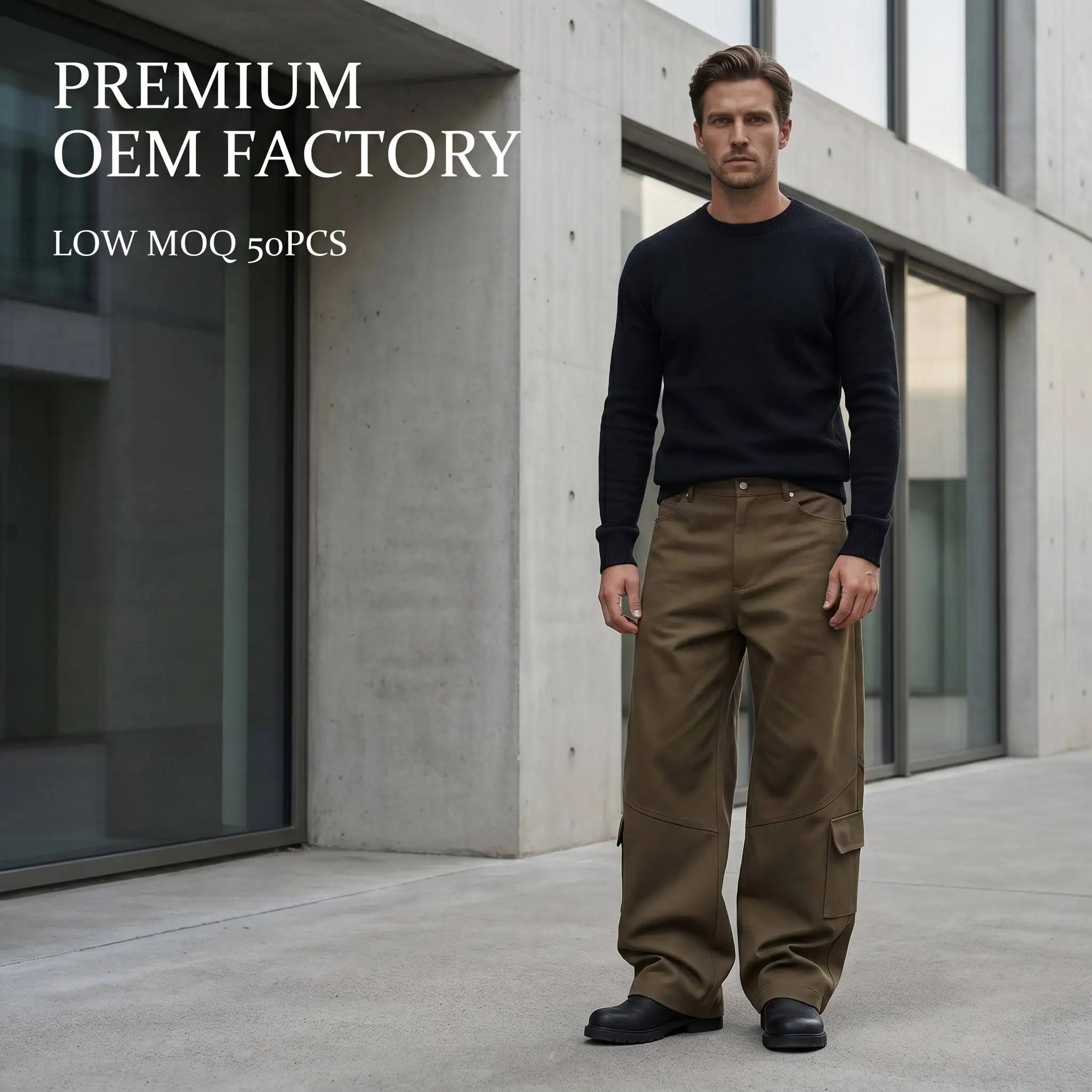 Heavyweight 320GSM Olive Brown Wide Leg Cargo Pants Men Multi Pocket Baggy Workwear Trousers Custom Streetwear OEM ODM