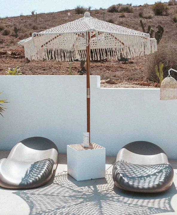 HOT SALE Luxury Crochet Patio Aluminum Frame Garden Pool Umbrella Handmade Cotton Tassels Parasol Ropes Open Beach Macrame Hotel