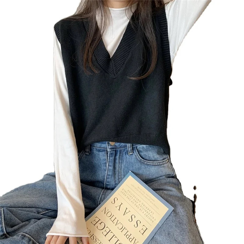 Sweater Vest Women Solid Autumn Winter All-match Leisure Outerwear Knitted V-Neck Sleeveless Female Elegant Chic Simple Harajuku