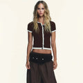 Women's New Casual One Set Turn-Down Collar Short Sleeve Crop Top with Pockets and Wide-Leg Pants for Summer