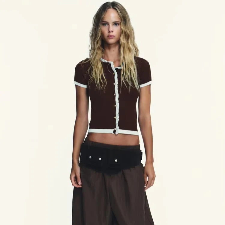 Women's New Casual One Set Turn-Down Collar Short Sleeve Crop Top with Pockets and Wide-Leg Pants for Summer