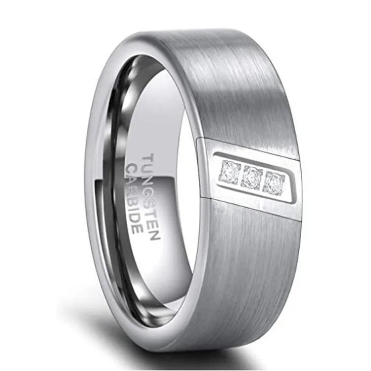Poya Jewelry 8mm Flat Edges Three CZ Stone Inlay Brushed Silver Black Blue Plated Tungsten Rings
