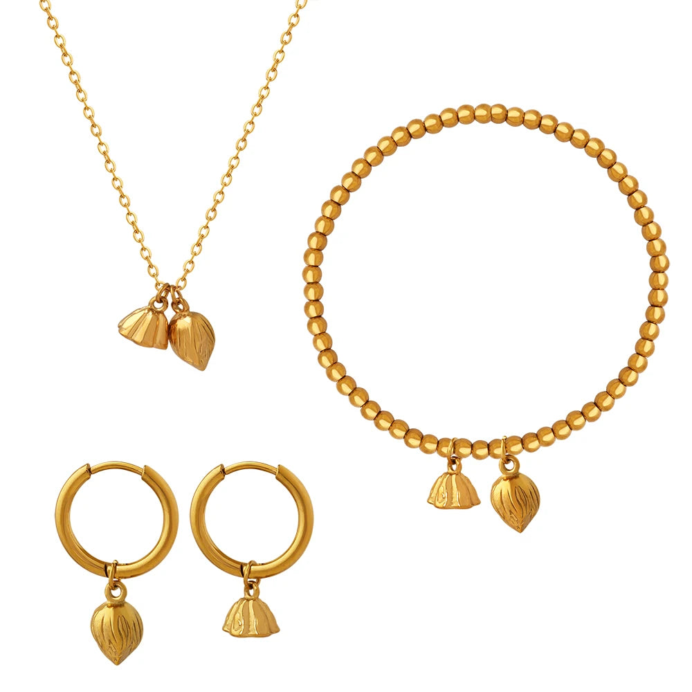 New Style Lotus Flower Fashionable Ornament Stainless Steel Necklace Bracelet Earrings Flower Set Ornament
