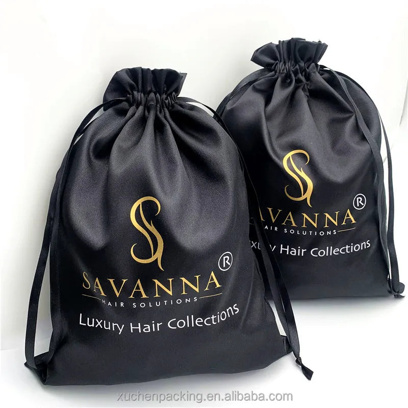 OEM Wholesale Ribbon Drawstring Black Satin Bags for Hair Bundle Customized Satin Bag Hair Packaging