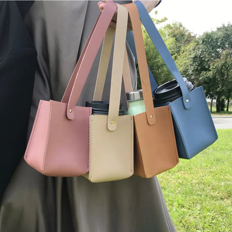 YY Stock Take-away Drink Cup Holder PU Leather Coffee Cup Sleeve Tea Hot Drinks Carrier Small Tote Handbag Flower Bouquet Bag