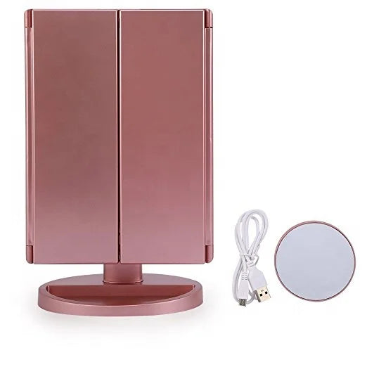Lighted Trifold Makeup Mirror LED Folding 1X 2X 3X 10X Magnifying Makeup Mirror Touch Dimmer Vanity Mirror Cosmetic MegaBDM