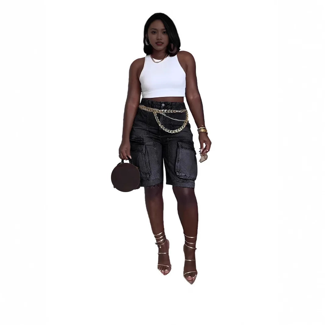 Custom Logo Summer Fashion Streetwear Women Denim Pants High Waist Midi Pants Women Casual Jean Pants