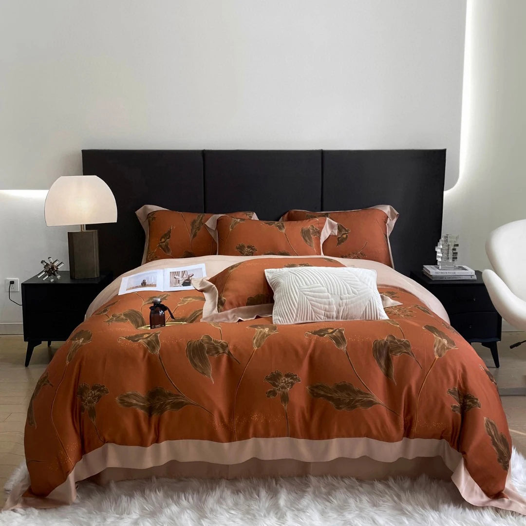 Summer Lyocell Fiber Flower Quilt Cover Satin king Size Orange Printing Bed Sheets Home Textile Yellow Bedding Set Wholesaler