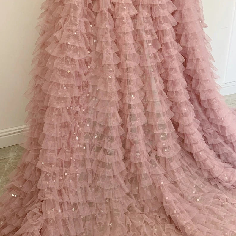 Pink Ruffle Cake Dress Fancy Mesh Net Lace Fabric