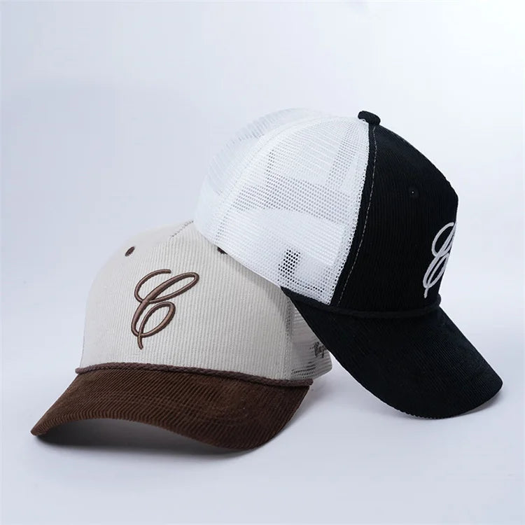 Corduroy Different Tone Trucker Hats Puff Embroidery Logo 5 Panel Snap Back Trucker Cap