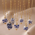 Fashionable Stainless Steel 18K Gold Ceramic Pendant Necklace New Chinese Style Blue and White Porcelain Style Jewelry