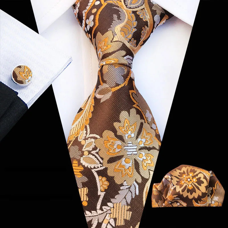 Floral Men's Necktie Handkerchief Cufflinks Tie Set Formal Dress Business Wedding Neck Ties Set