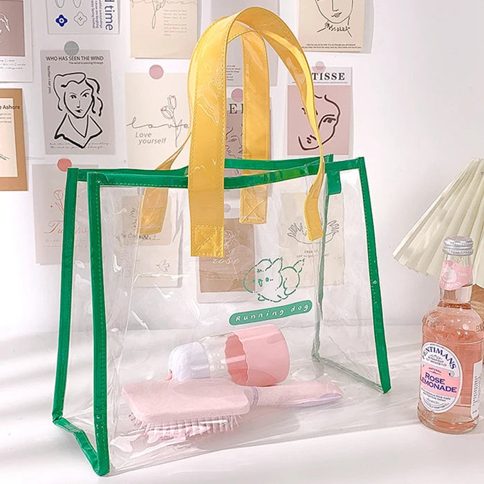 Women's Custom Fashion PVC Shopping Bag Waterproof Transparent Tote Beach Bag with Two Handles Open Closure