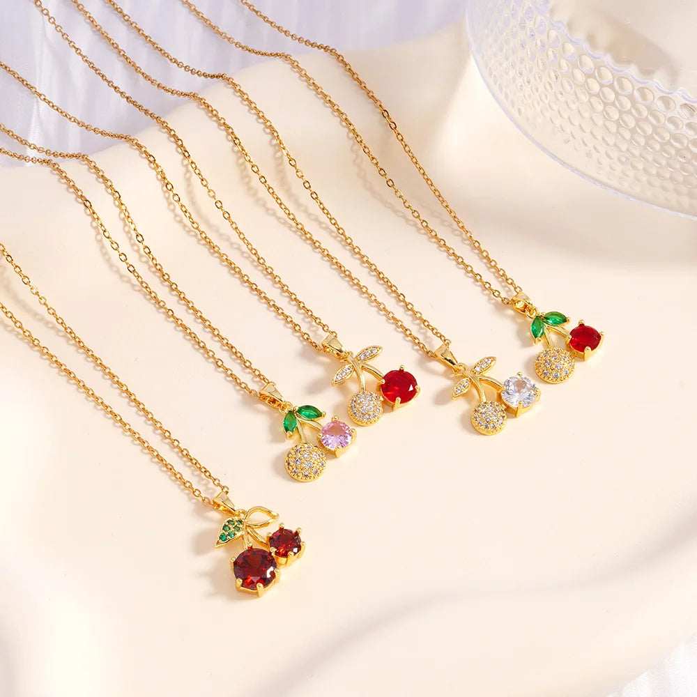 Sseesy Custom Design Fashion Gold Plated Brass Temperament Girl Sweet Gift Cherry Fruit Necklace Clavicle Chain