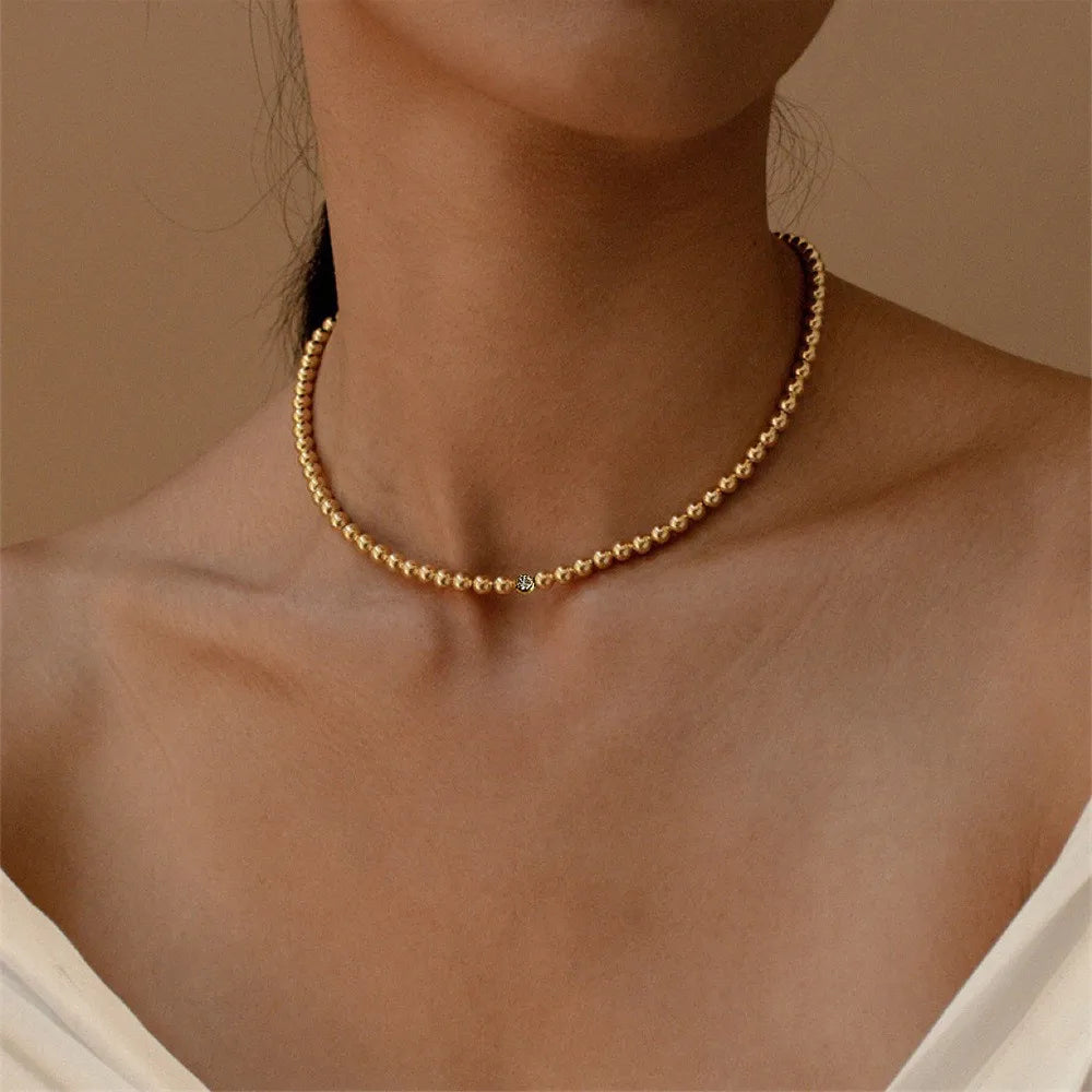 High Quality 18K PVD Plated Round Beads Chain Handmade Necklace Water Resistant Stainless Steel Cubic Zircon Necklace