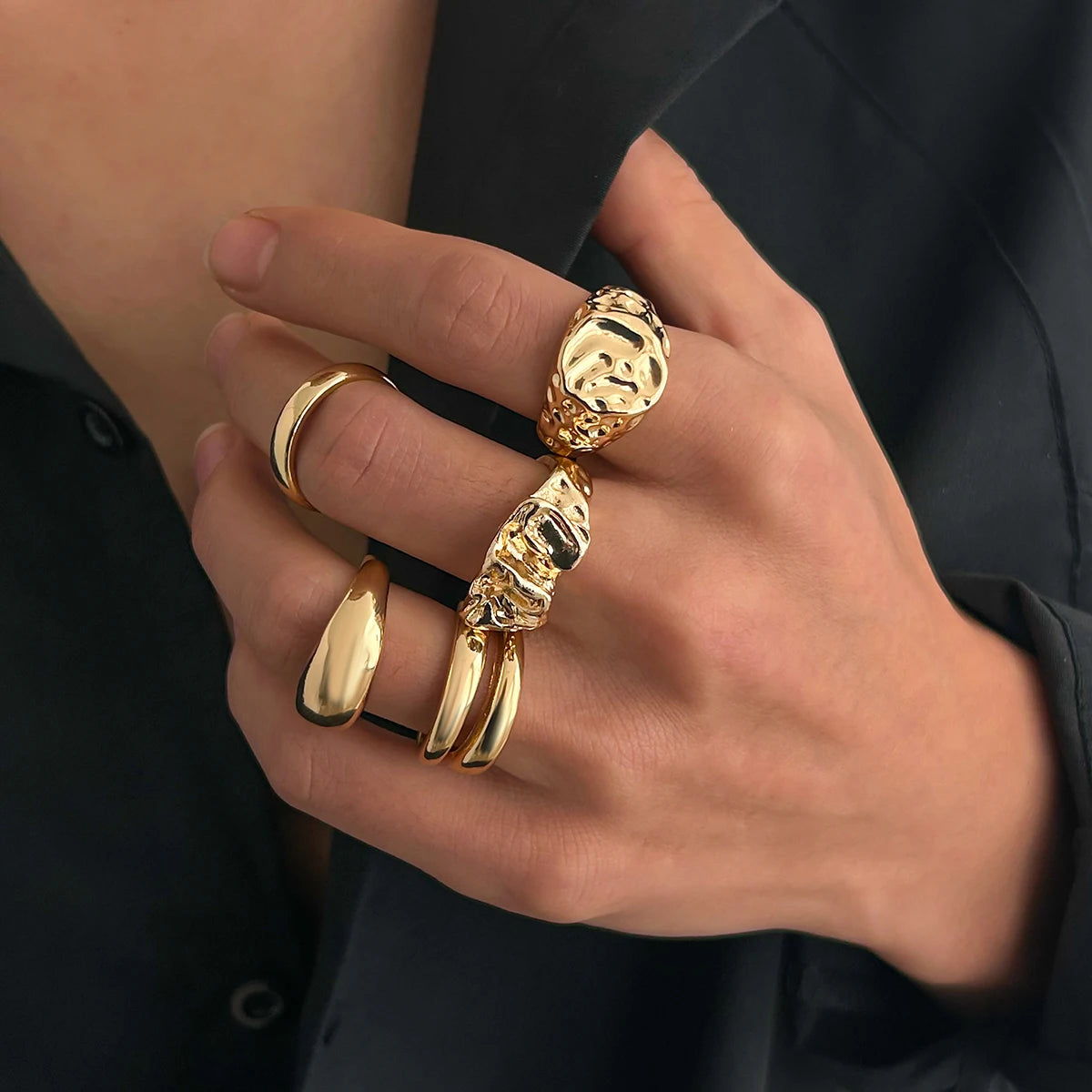 5 Pieces Trendy Irregular Wrinkle Smooth Stackable Rings Set for Men Hip Hop Street Wear Finger Ring Fashion Jewelry Accessories
