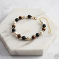 RINNTIN GMB62 Natural Tiger Eye Obsidian Stone Beads Bracelets 925 Sterling Silver 14K Gold Plated Pearl Bracelets Women Jewelry