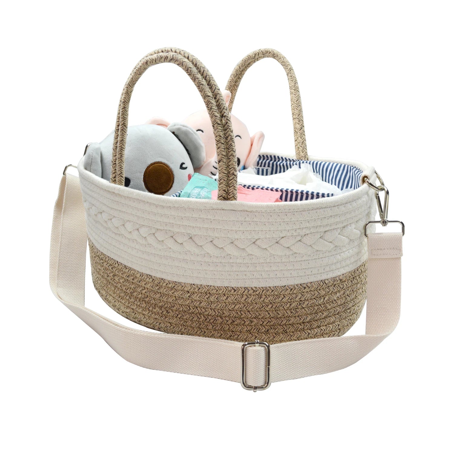 Rope Diaper Caddy Organizer Large Portable Nursery Storage Bin and Car Travel Organizer Tote Bag with Dividers for Diapers